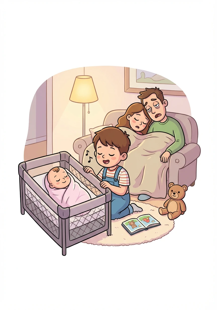 Mamma e papà sono stanchi. Tommy si siede vicino a Sofia e le canta una dolce ninna nanna. La sua voce calma la sorellina.