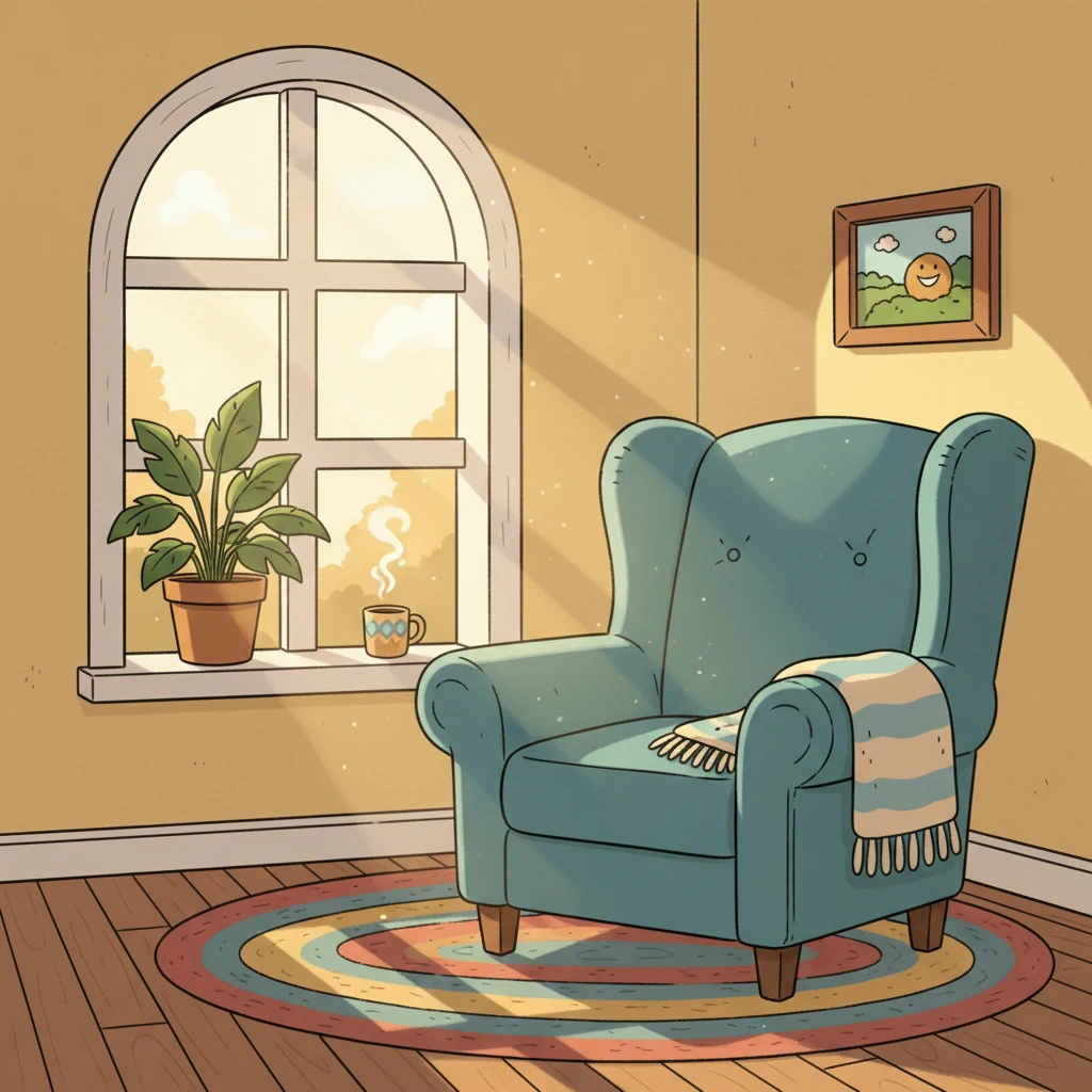 An empty, comfy chair sat by a big, sunny window every evening. It was Grandfather's special spot, but the cozy room missed his cheerful voice now. The sunlight painted long, warm shadows on the floor.