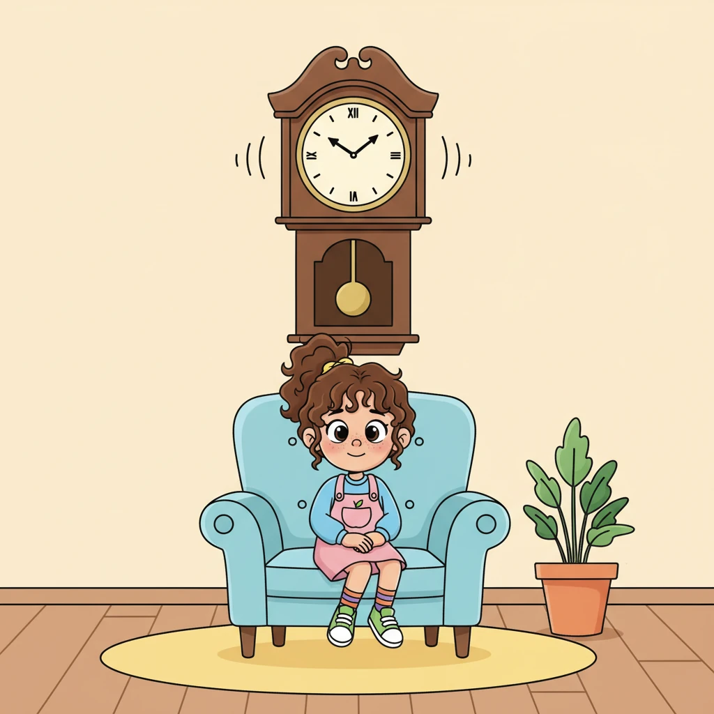The whole room felt very quiet, like a soft whisper. The only sound was the gentle tick-tock of a big wall clock, filling the still air with its steady rhythm, breaking the peaceful silence.