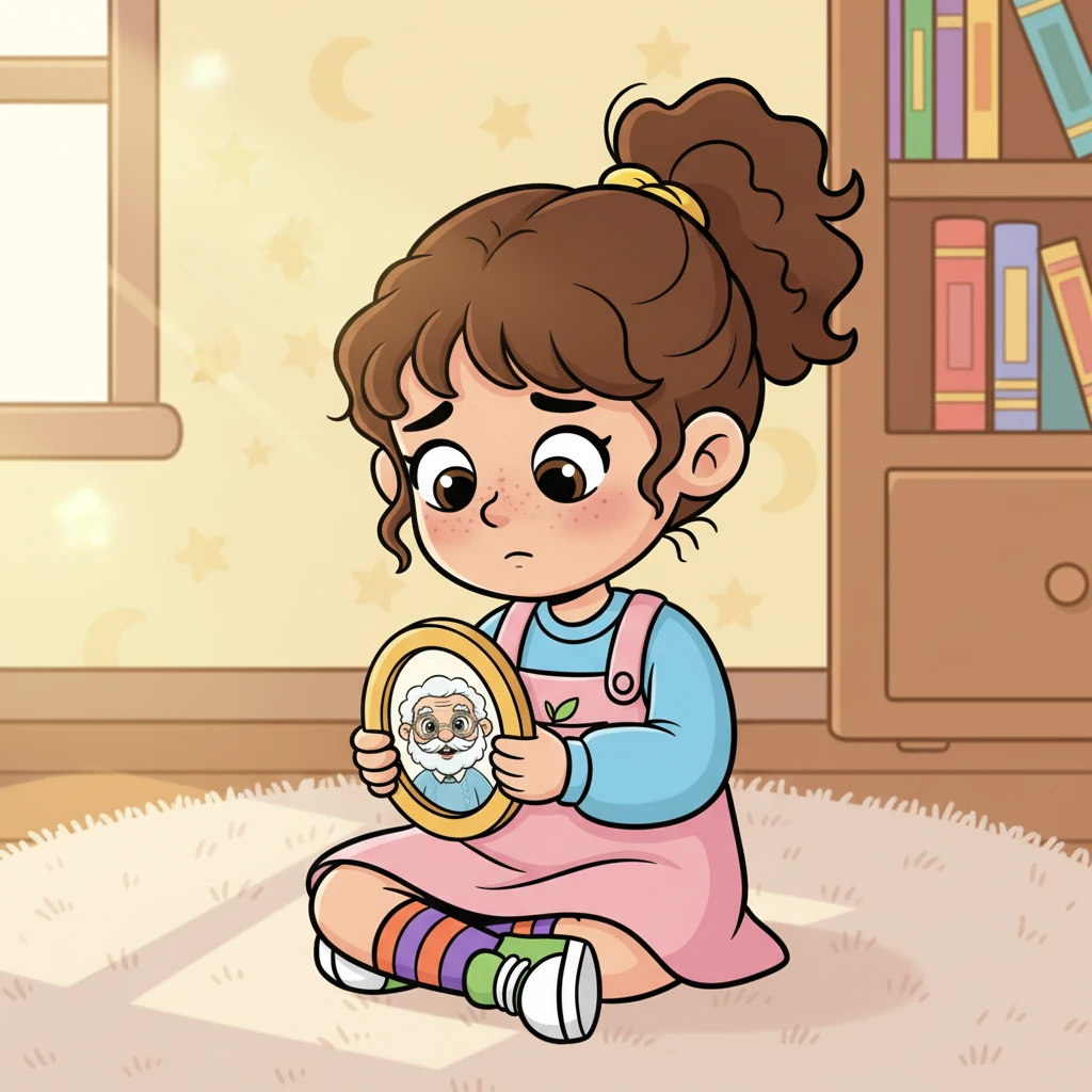 Little Sarah sat quietly on the soft floor, carefully holding a small, shiny photo frame in her tiny hands. Her kind heart felt a mix of gentle sadness and warm love as she looked at it.
