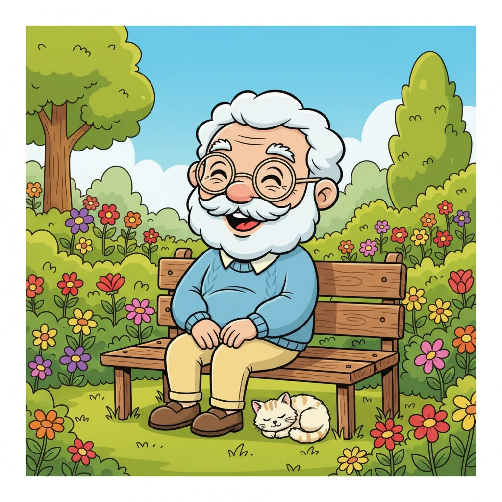 The photo showed a bright, green garden with colorful flowers. On a sturdy wooden bench sat her smiling grandfather, looking so happy. A fluffy, tiny cat was curled up, fast asleep near his big feet.