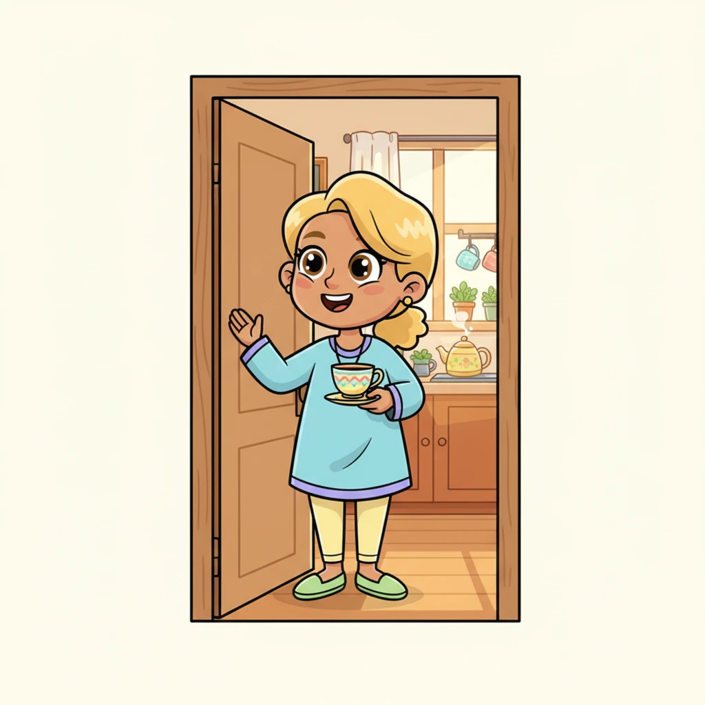 From the bright, bustling kitchen, her kind mother called out with a soft, gentle voice. "The warm tea is ready, dear," the loving woman announced with a sweet smile, peeking through the doorway.