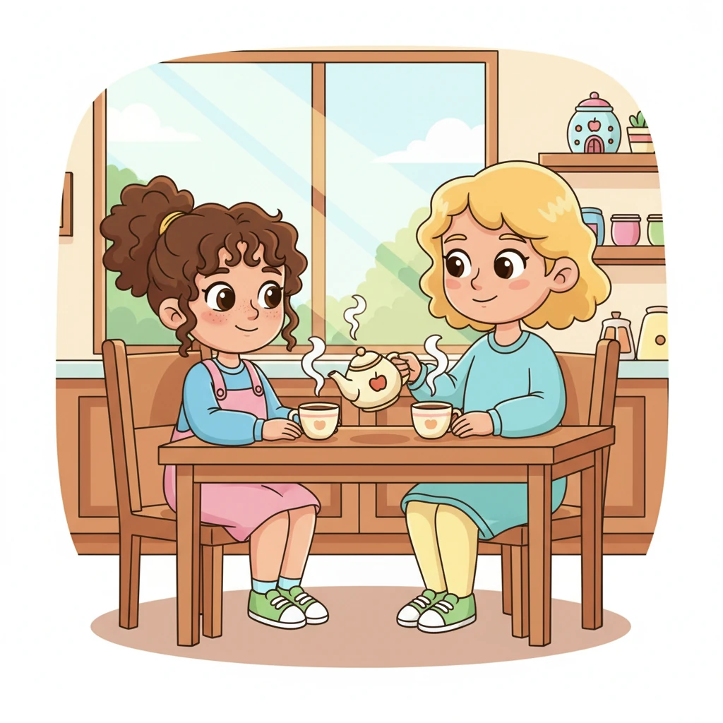 Sarah gently placed the photo down and walked towards the kitchen, a comforting warmth spreading through her. Her mother poured two steaming cups of tea, the sweet aroma filling the air. They sat together, sharing a quiet moment.