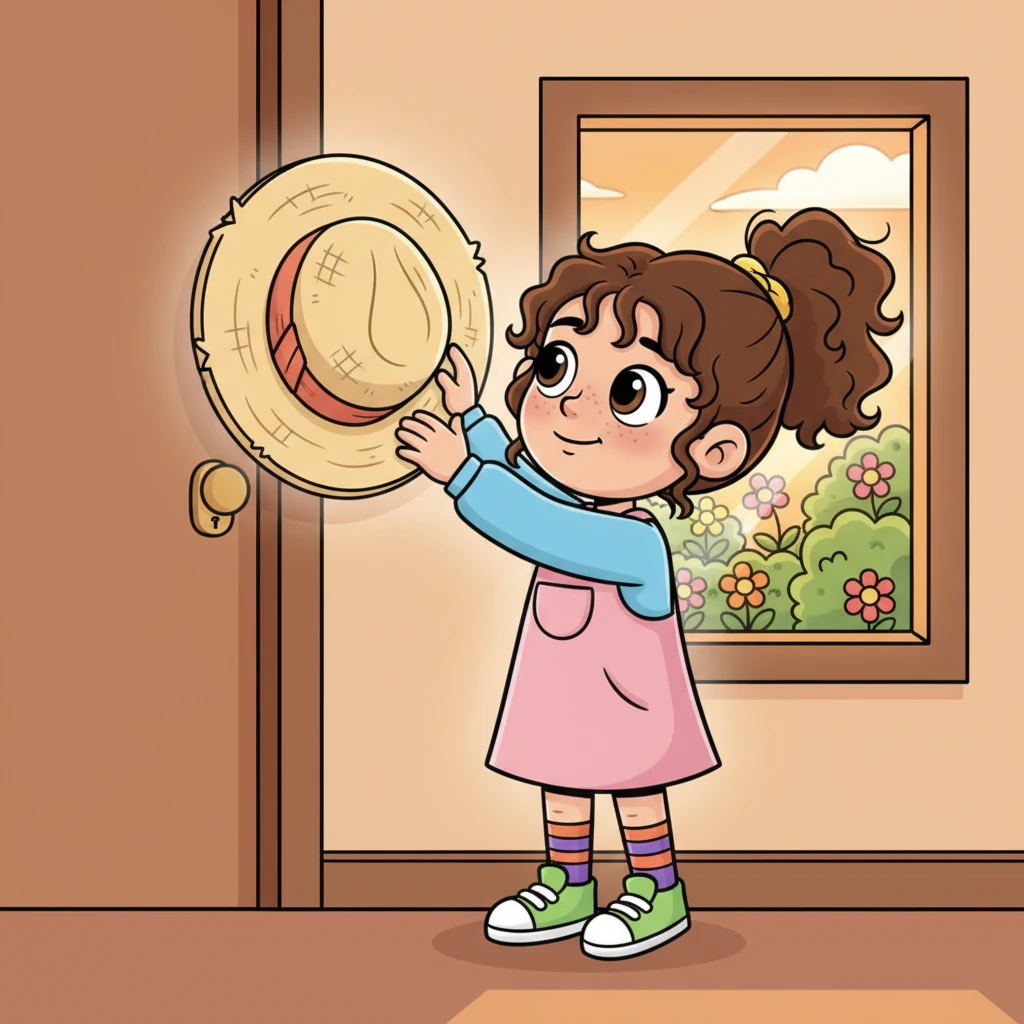 Later, as the sun began to set, Sarah found Grandfather's old gardening hat hanging by the door. She gently touched its soft fabric, imagining him wearing it as he tended his beautiful garden. It felt like a warm hug.