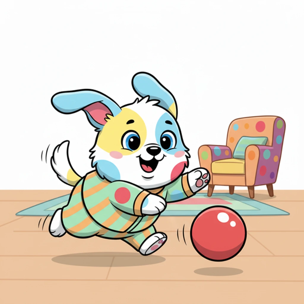 Pippin, a playful puppy with floppy ears and a wagging tail, zoomed across the living room floor. He chased a bouncy red ball, his little legs a blur of happy energy. His bright, wide eyes sparkled with pure joy as he pounced and tumbled.