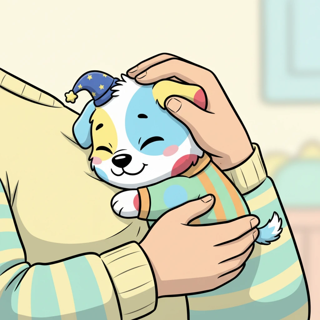 A gentle hand reached down, and Pippin leaned into a warm, comforting cuddle. He wiggled his tail softly, feeling safe and loved in the embrace. His furry head rested contentedly against a soft chest.