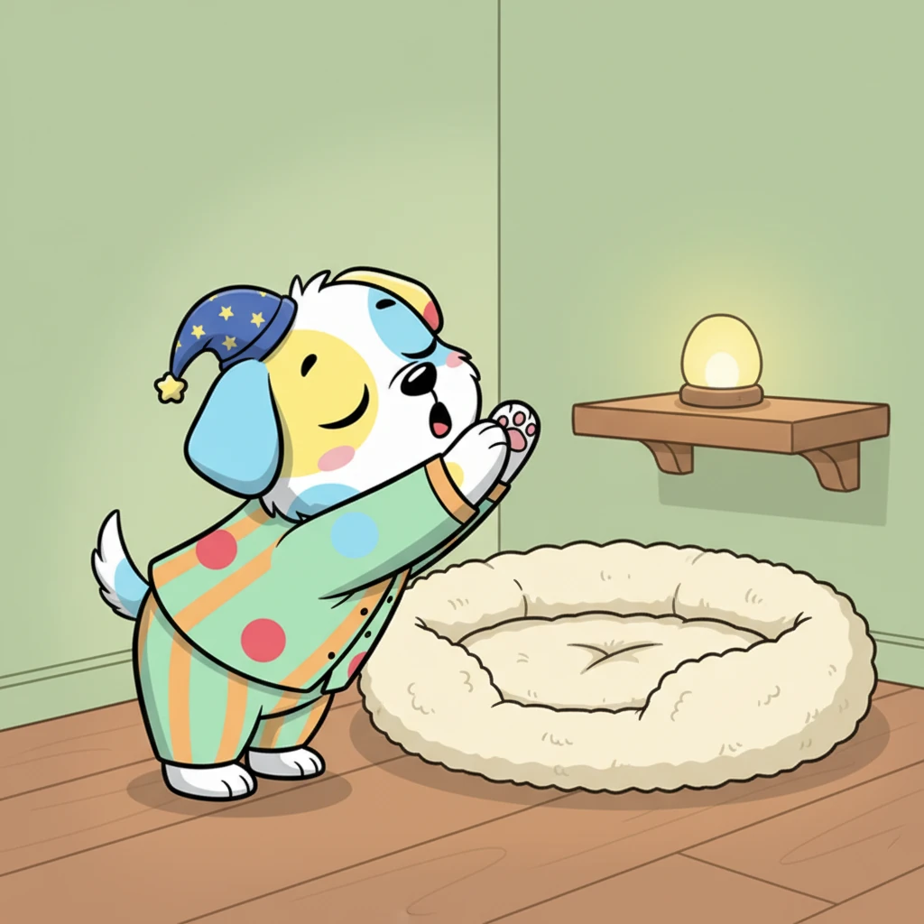 With a sleepy stretch, Pippin padded softly towards his very own cozy bed in the corner. It was a fluffy, round cushion, the perfect spot for a tired pup. He took a deep breath, already feeling the comfort of his special place.