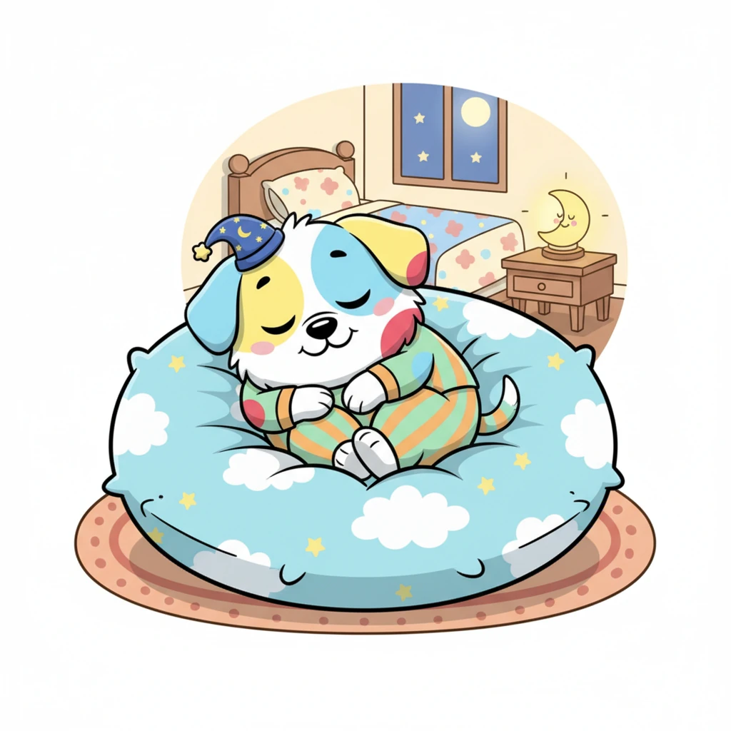 He circled twice, then flopped down with a happy sigh, nestling deep into the soft fabric. The cushion hugged him just right, making him feel secure and warm. His tail gave one last little thump of satisfaction.