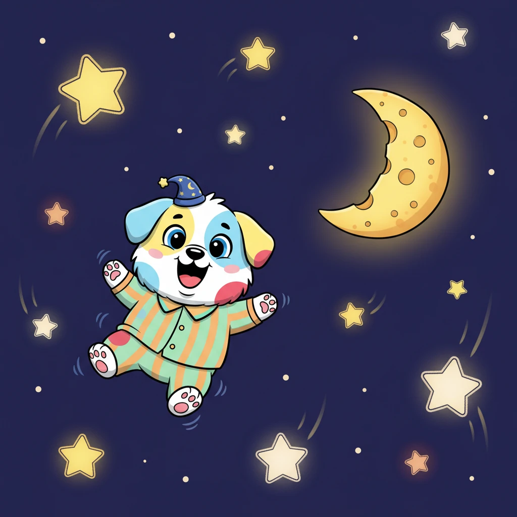 Suddenly, in his dream, Pippin was soaring through a sky filled with sparkling, oversized stars! He giggled a silent, happy puppy giggle as he floated past a crescent moon made of cheese. Everything was soft and glowy.