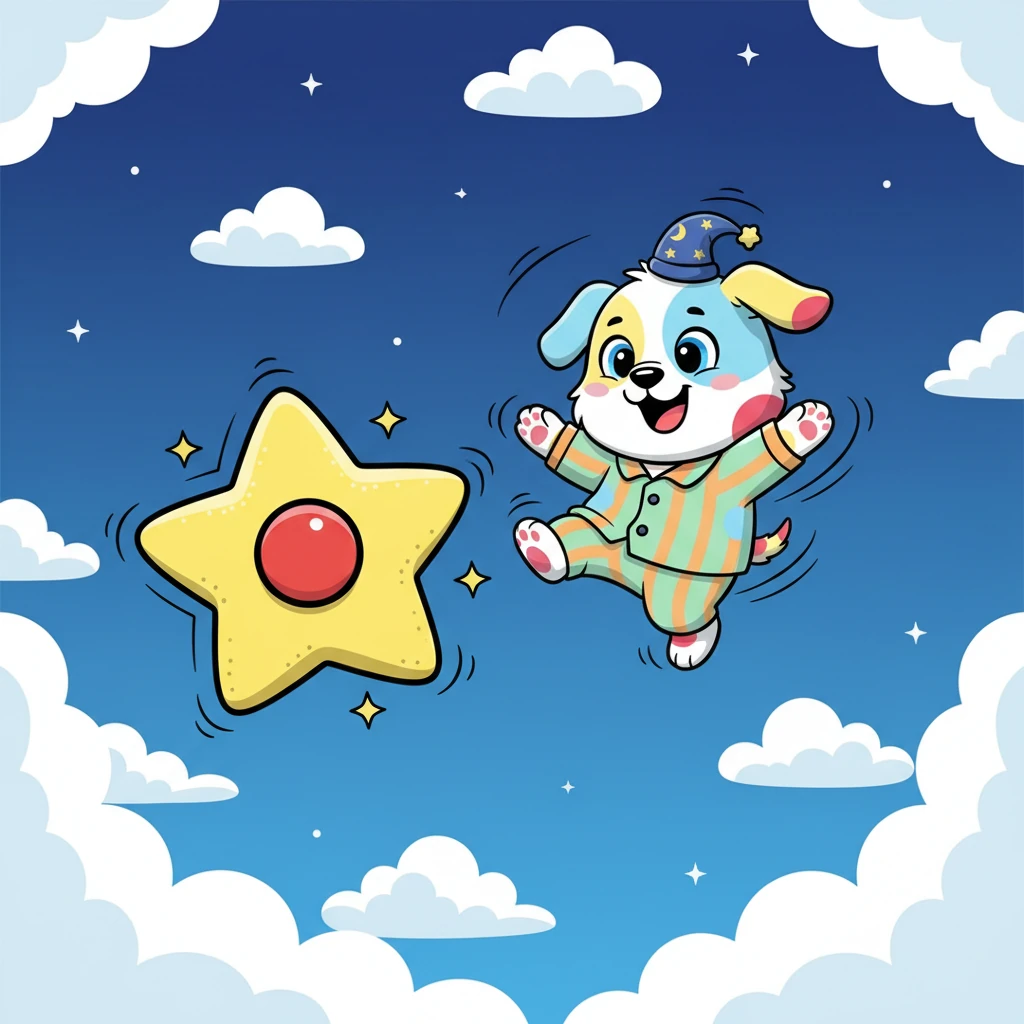 Then, a giant, squeaky toy appeared, bouncing merrily in the starlit sky. Pippin wiggled his dream-paws, ready for a chase. He leaped and twirled, chasing the toy among the fluffy, marshmallow clouds.