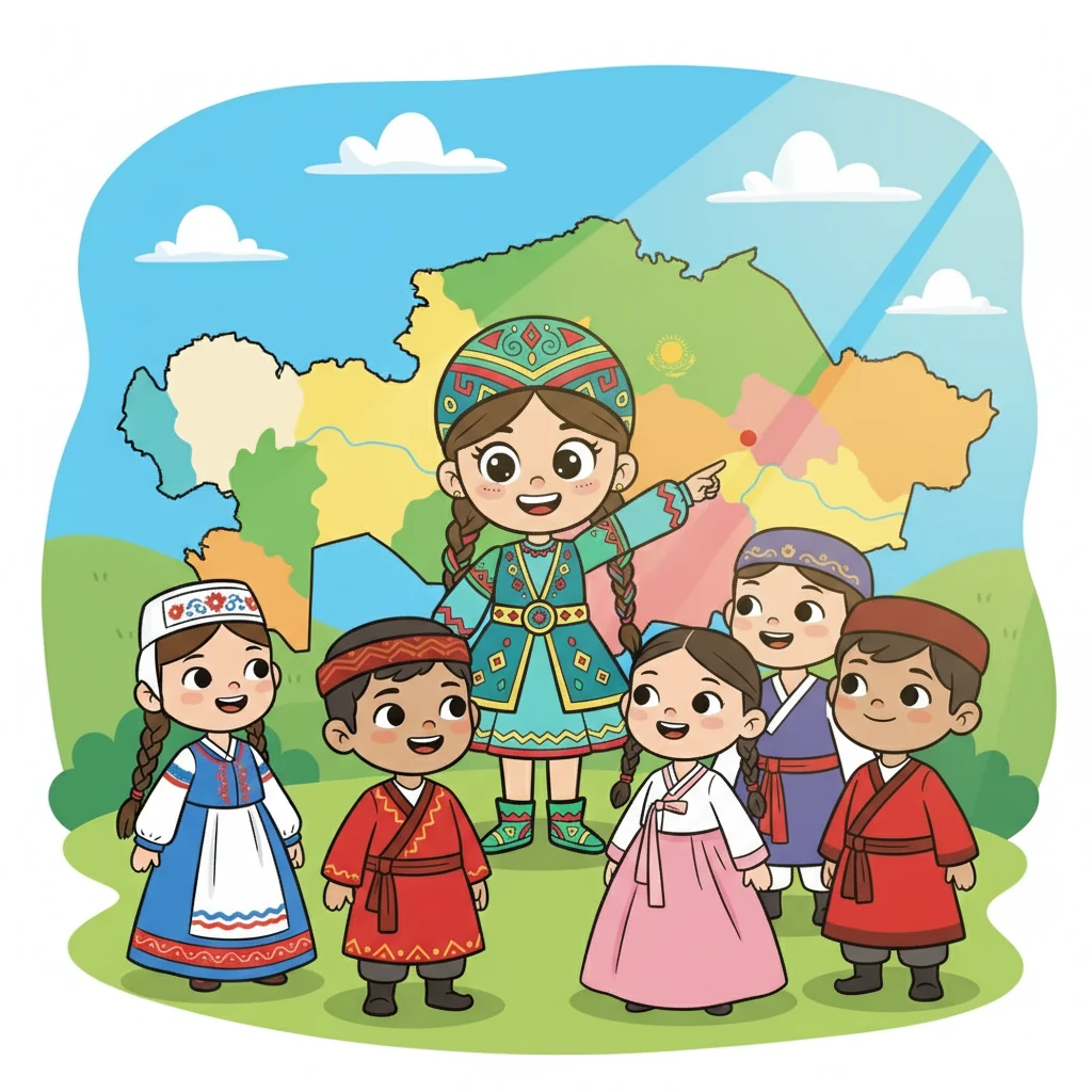 Айгүл Қазақстан картасының алдында тұр, оның айналасында түрлі ұлт өкілдерінің балалары жиналған. Олар қазақ, орыс, ұйғыр, кәріс және басқа да ұлттардың киімдерін киген. Күн жарқырап тұр, балалар бір-біріне күліп қарап тұр.