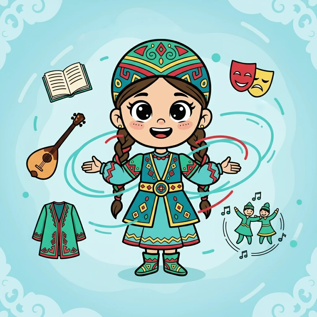 Айгүл ұлттық мәдени автономияның не екенін түсіндіреді. Суретте домбыра, кітап, ұлттық киімдер, театр маскасы және би үйірмесінің пиктограммалары бейнеленген. Айгүл бұл ұйымдар мәдениетті, тілді және дәстүрді дамытуға көмектесетінін айтады.