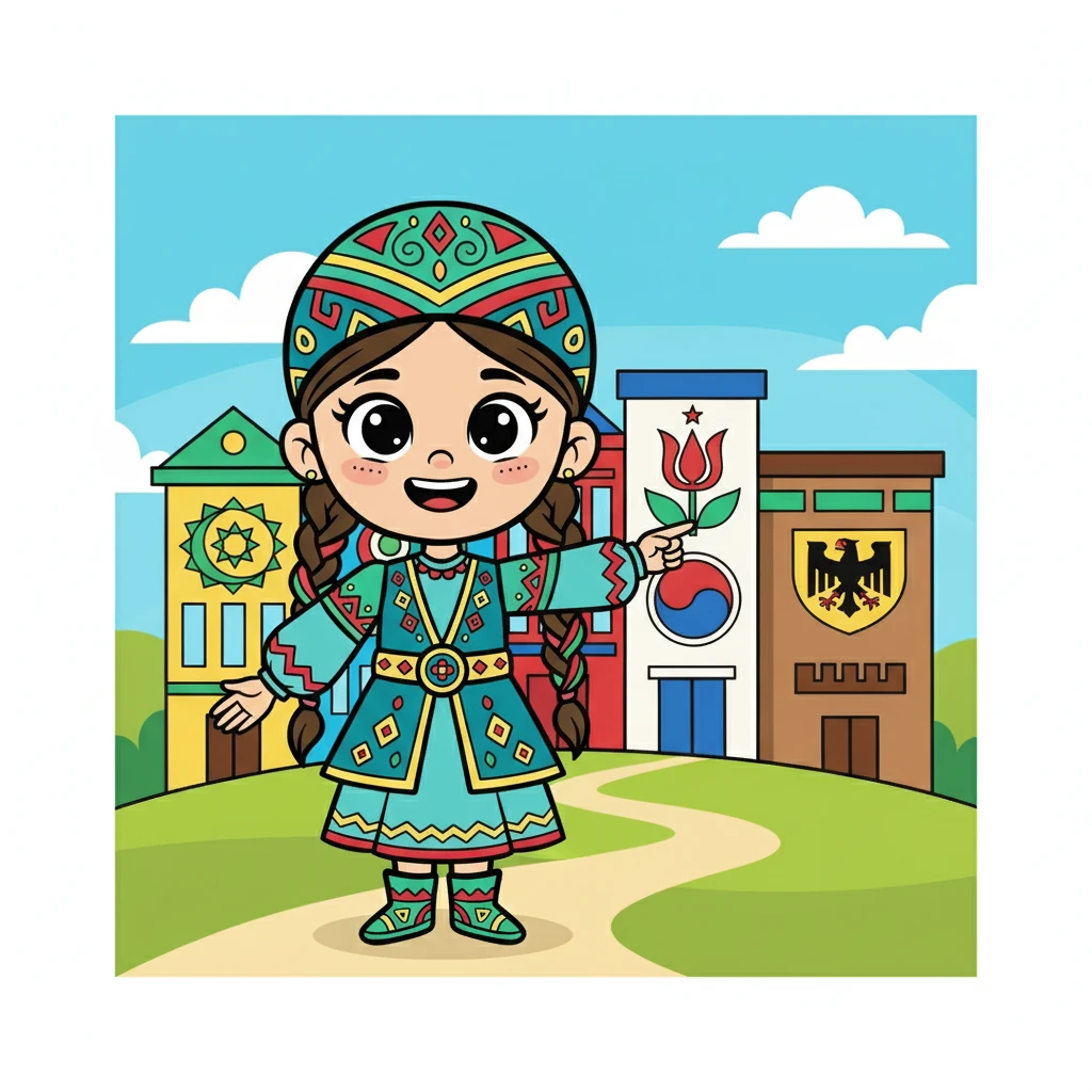 Айгүл Қазақстандағы ұлттық орталықтарды көрсетеді. Суретте ұйғыр, татар-башқұрт, кәріс, неміс және басқа да орталықтардың белгілері бар. Айгүл олардың әрқайсысы өз мәдениетін сақтап, кейінгі ұрпаққа жеткізетінін айтады.