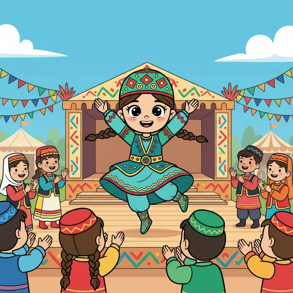 Айгүл фестивальде ұлттық би билеп жатыр, басқа балалар оған қол соғып жатыр. Суретте түрлі ұлттық киімдер киген балалардың қуанышты көңіл-күйі бейнеленген.