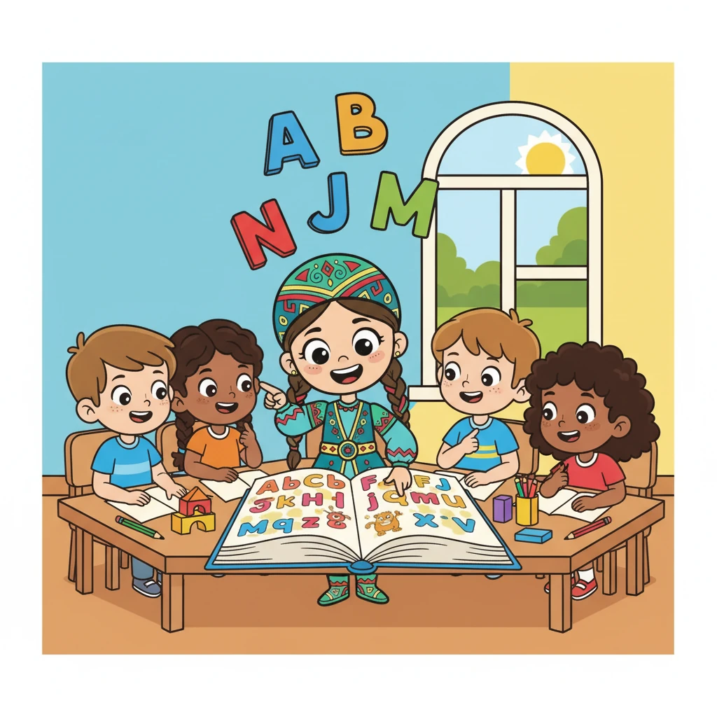 Айгүл тіл курсында сабақ тыңдап отыр, жанында орыс және басқа ұлт балалары бар. Олар бірге әріптерді оқып, жаңа сөздер үйреніп жатыр.