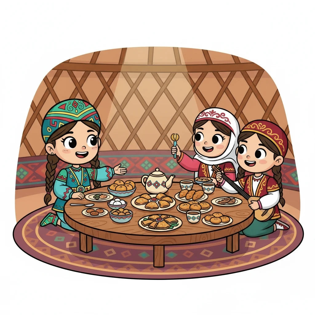 Айгүл және оның достары дастархан басында отыр, олар түрлі ұлттық тағамдарды жеп жатыр. Олардың арасындағы достық пен сыйластық көрініп тұр.