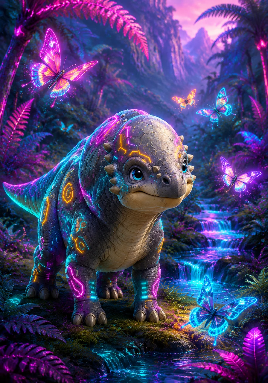 In a vibrant valley filled with giant ferns and sparkling streams, lived a young Pachycephalosaurus named Pachy. Although he had a very hard, dome-shaped head, Pachy was the gentlest dinosaur in the forest and loved watching colorful butterflies.
