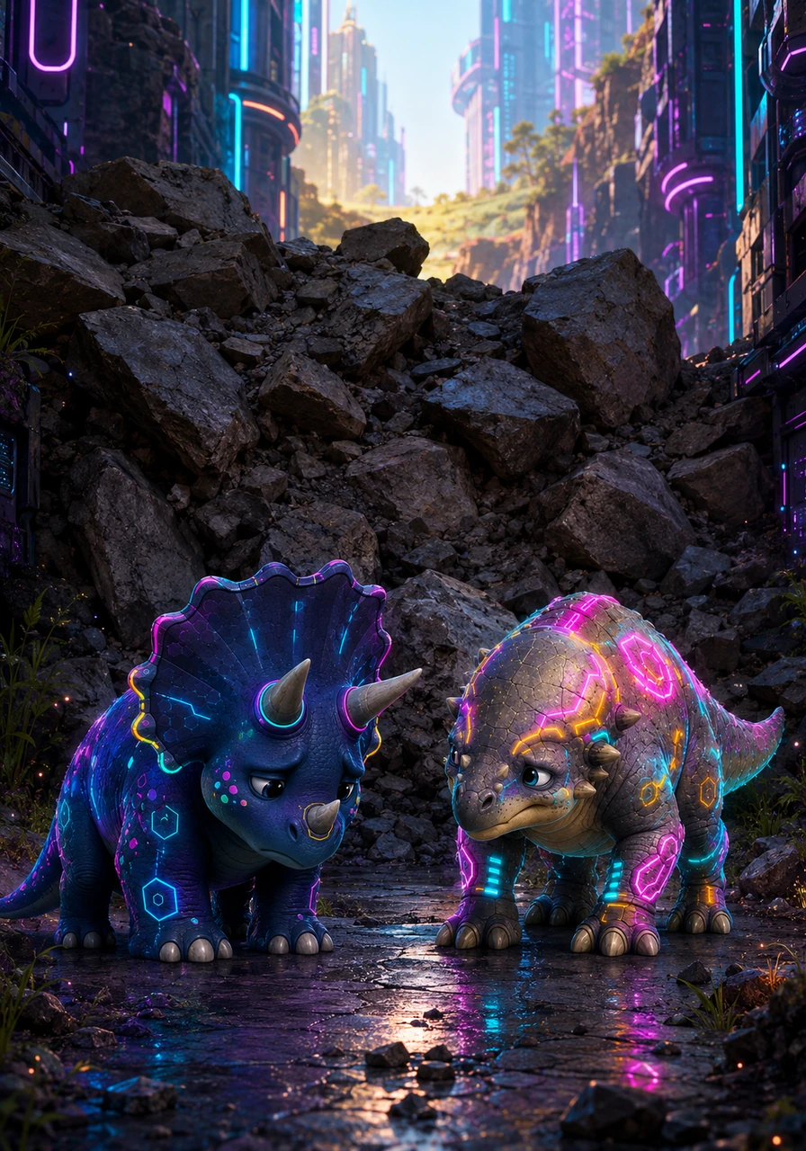 One morning, Pachy found his friend Toti the Triceratops staring sadly at a massive pile of fallen rocks. The rocks were blocking the only path to the Sunny Meadow where the tenderest grass and sweetest clovers grew.