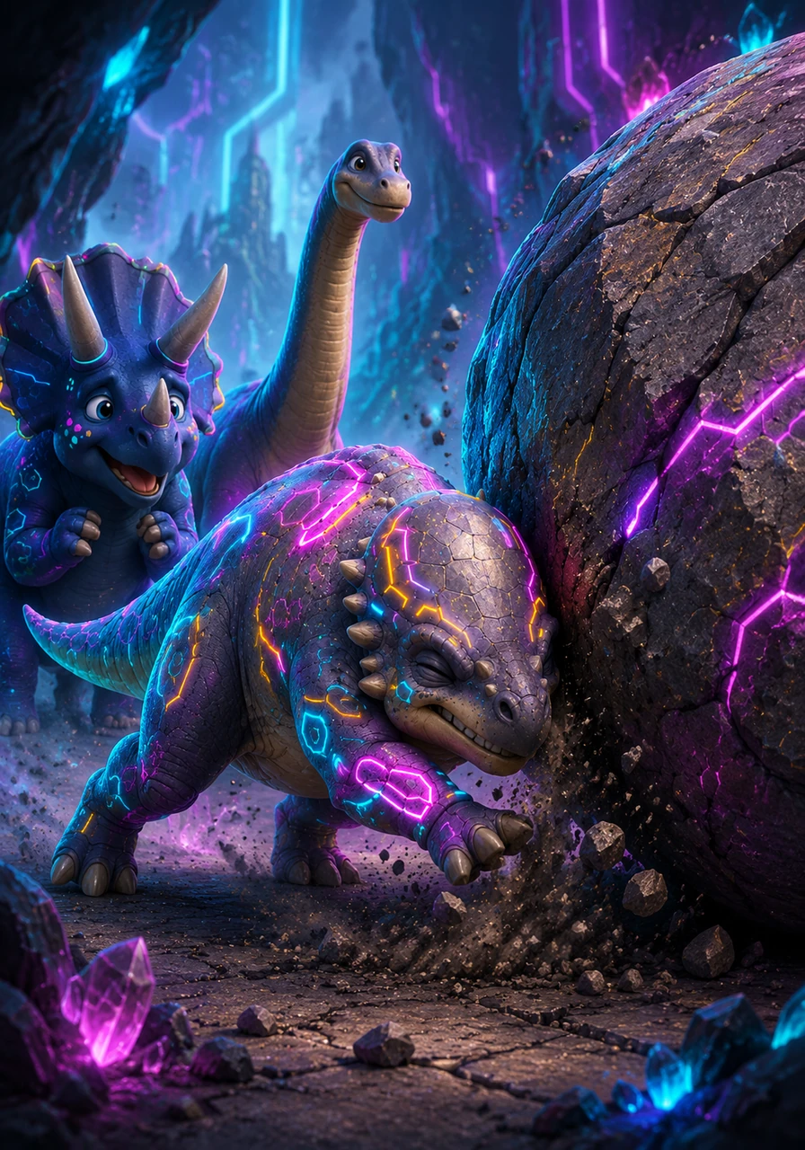With a determined grunt, Pachy pressed his hard head against the largest boulder and pushed with all his might. The heavy stone groaned and finally began to roll away, bit by bit, as Pachy kept his head down and his heart full of hope.