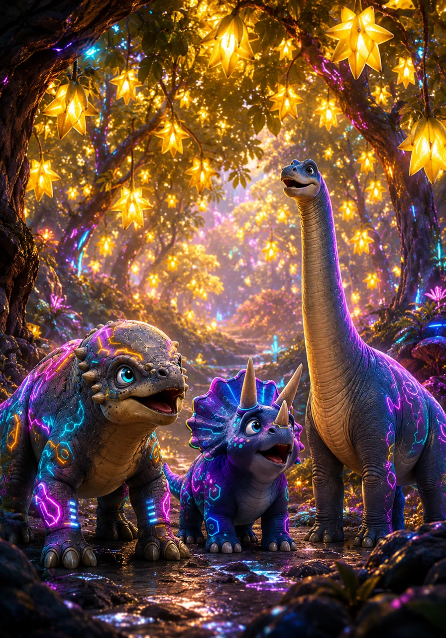 As the last rock rolled away, a magnificent hidden grove was revealed, where golden star-fruits hung from every branch like little lanterns. The dinosaurs gasped in awe at the beautiful sight and the sweet, honey-like aroma that filled the air.