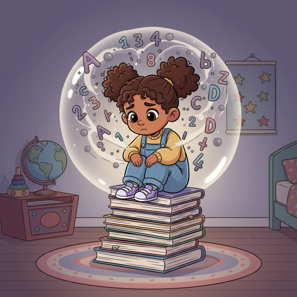 Pip sat hunched over a towering pile of books, a tiny frown tugging at their brow. Numbers and letters swirled around their head like an overwhelming storm, making their usually bright room feel dim and heavy. Their shoulders slumped with the weight of all the things to learn, wish they could just float away somewhere quiet and calm.