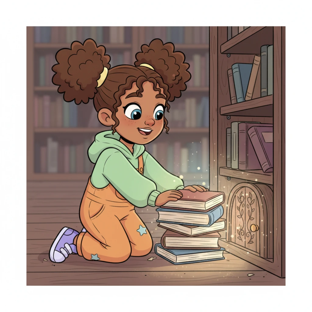 Suddenly, a tiny, shimmering glow caught Pip's eye from beneath a stack of forgotten textbooks. Pushing aside the heavy tomes, they discovered a small, intricately carved wooden door, no bigger than their hand, humming with a soft, inviting light. It pulsed gently, almost whispering an invitation.