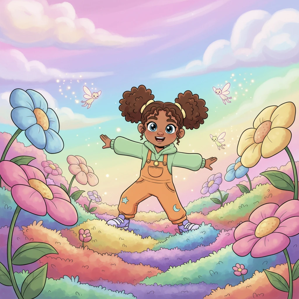 Pip landed softly in a meadow of bouncy, rainbow-colored moss, under a sky made of swirling pastel clouds that smelled faintly of sweet berries. Gigantic, friendly flowers with petals like velvet cushions swayed gently, and tiny, glowing sprites zipped playfully between them. It was a place where everything felt soft and safe.