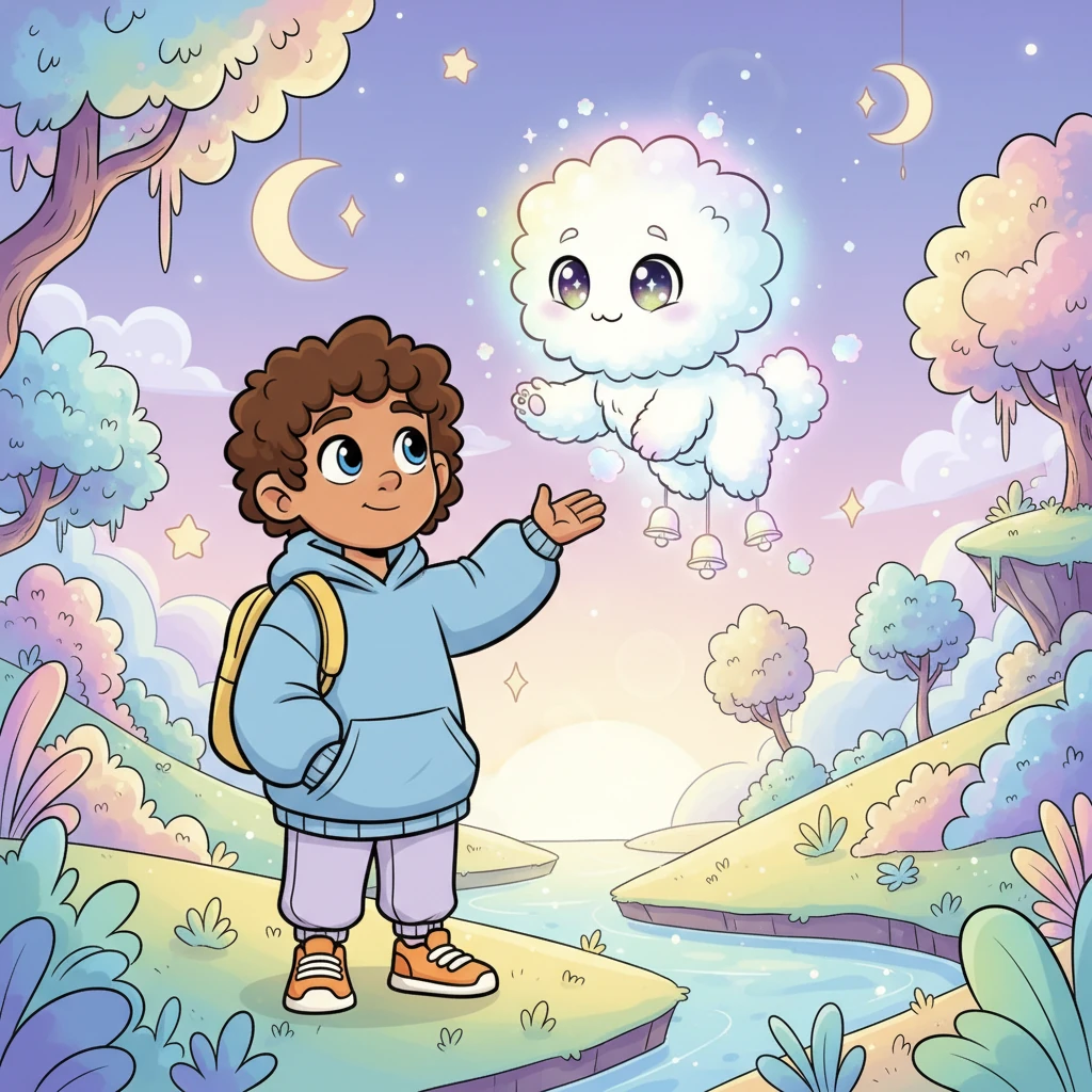 A creature with fluffy, cloud-like fur and wide, sparkling eyes floated towards Pip. "Welcome, weary traveler!" it chirped, its voice like wind chimes. "I'm Glimmer, and this is the Whispering Wonder-World, a place for minds to rest and dreams to play." Glimmer offered a comforting, gentle pat to Pip's hand.