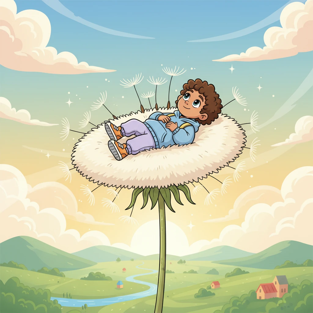 Pip then floated on a giant, fluffy dandelion seed pod, drifting slowly above the landscape, gazing at the endless, peaceful expanse. A feeling of profound calm settled over them, a warmth spreading through their chest. For the first time in a long time, Pip felt completely at ease, truly free.
