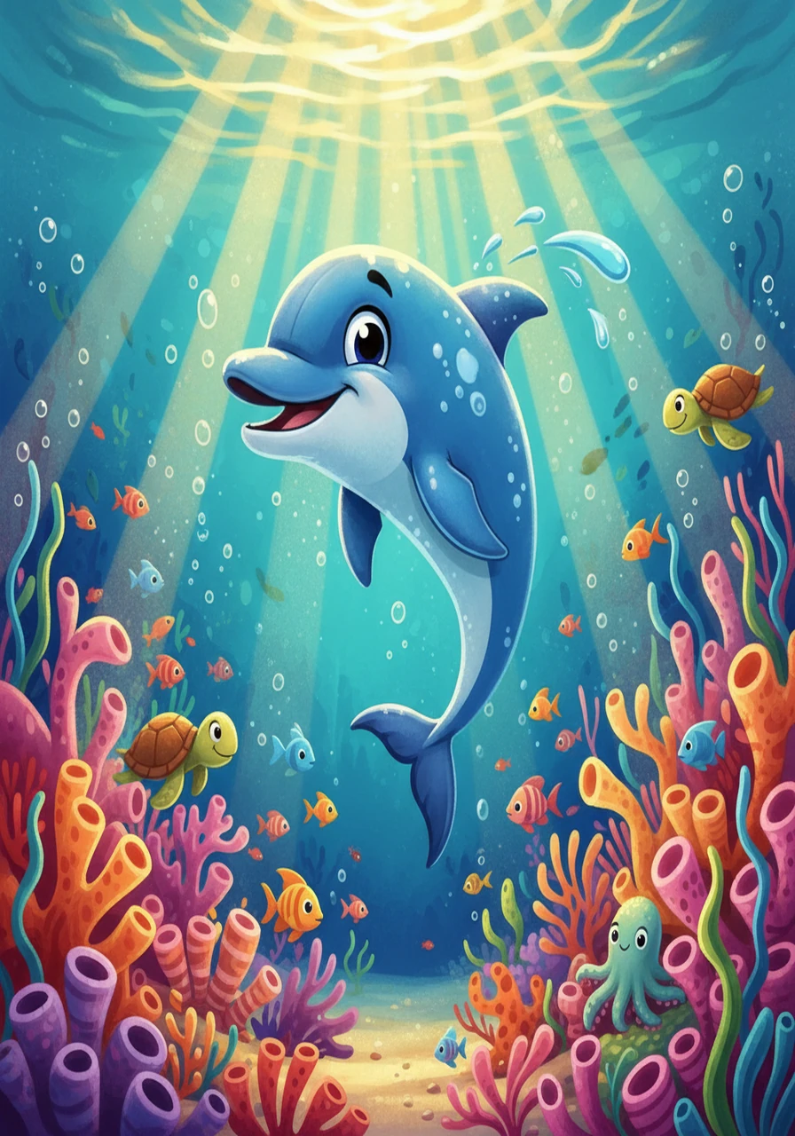 Splash, a playful dolphin with a curious spirit, swam through the shimmering coral reefs. The sun's golden rays danced on the water, creating a dazzling display of light and shadow. He loved exploring his ocean home, always seeking new and exciting discoveries.