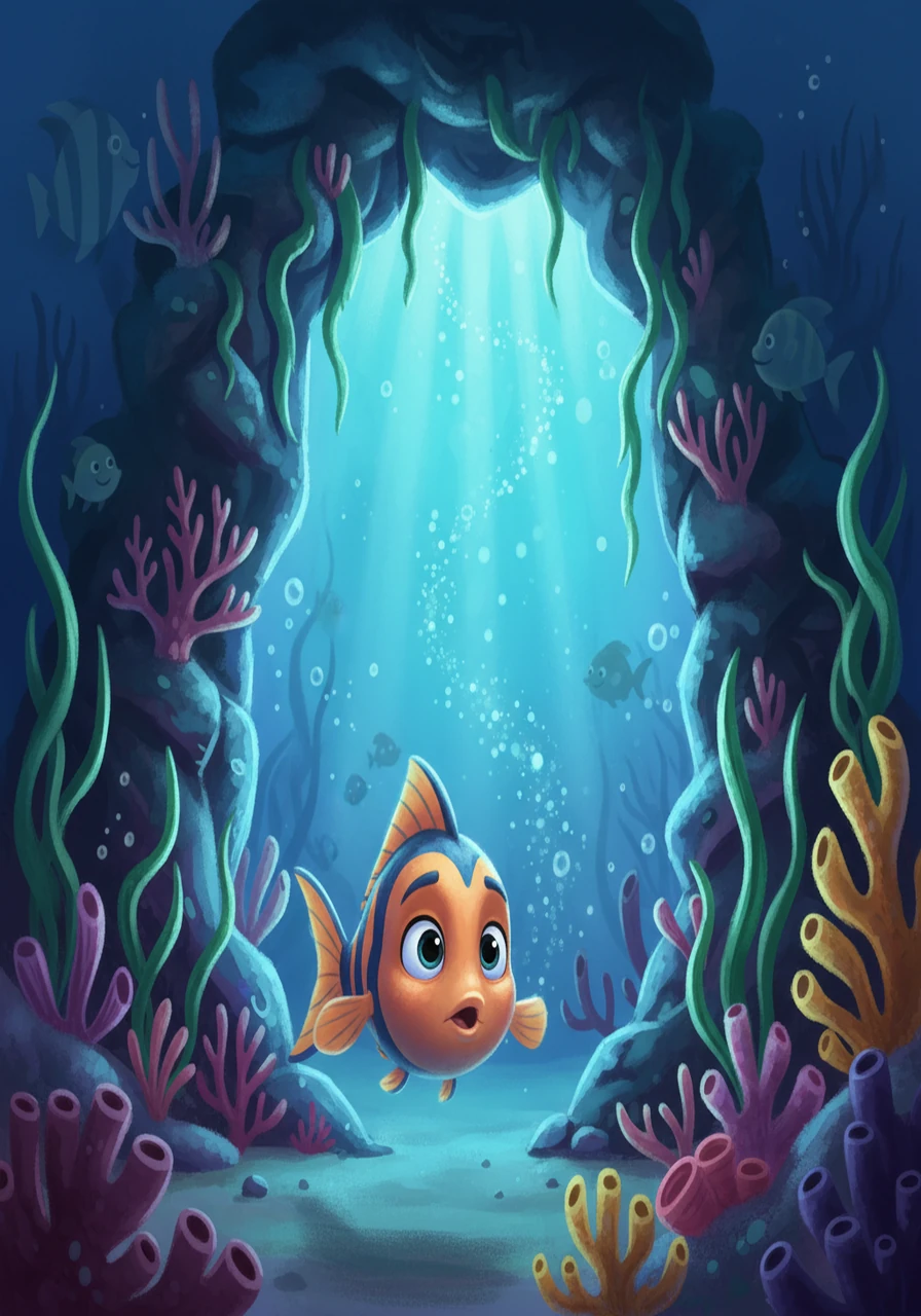 Suddenly, Splash noticed something peculiar - a hidden opening in the reef, shrouded in an ethereal, blue glow. Intrigued, he approached the entrance, his heart filled with a mixture of excitement and apprehension. He knew he had to investigate, even though the unknown always held a touch of fear.