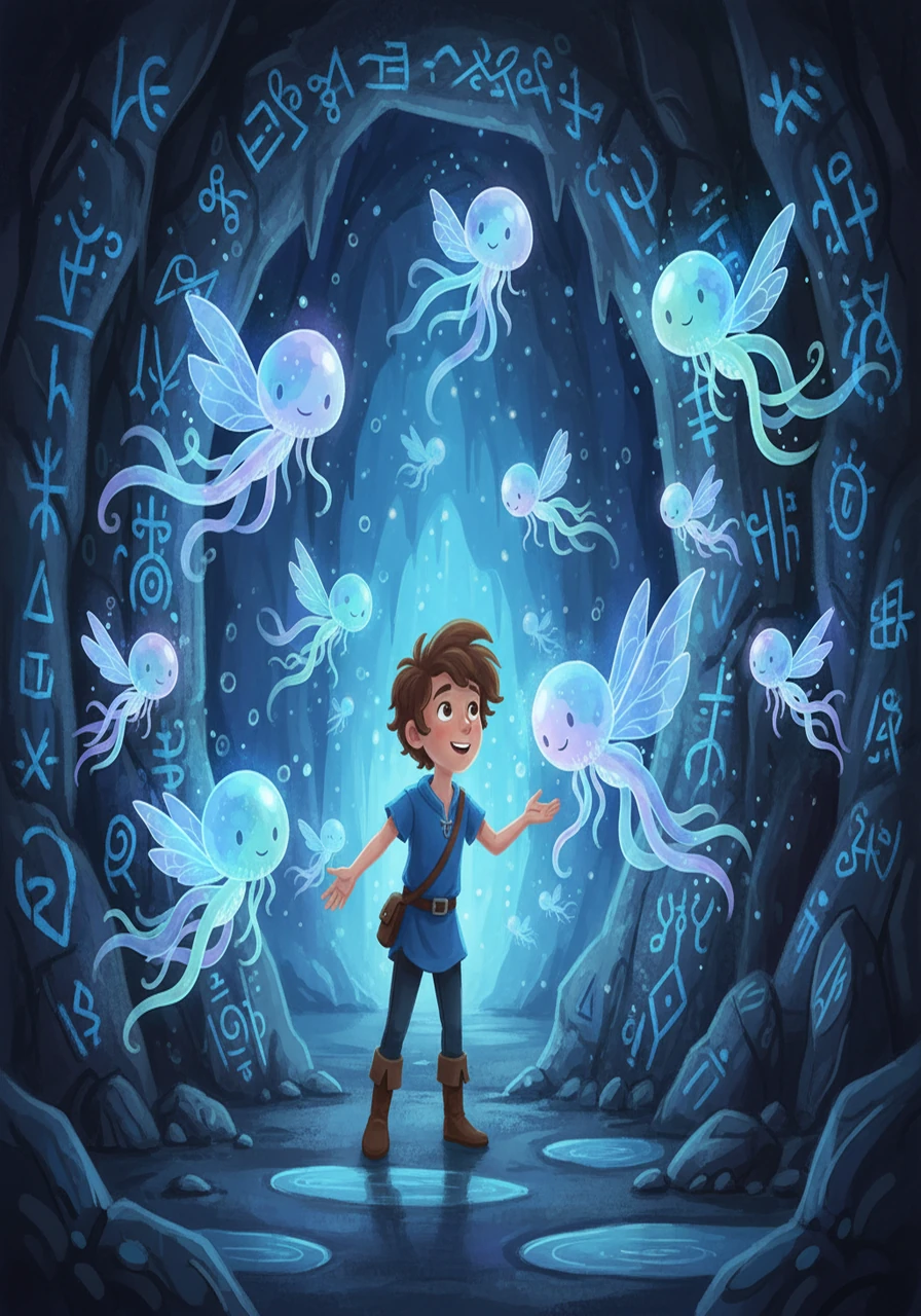 As Splash entered the cave, the blue glow intensified, revealing walls covered in ancient, shimmering symbols. Strange, beautiful creatures, unlike any he had ever seen, flitted about. He felt a sense of wonder and awe as the cave's magic enveloped him.