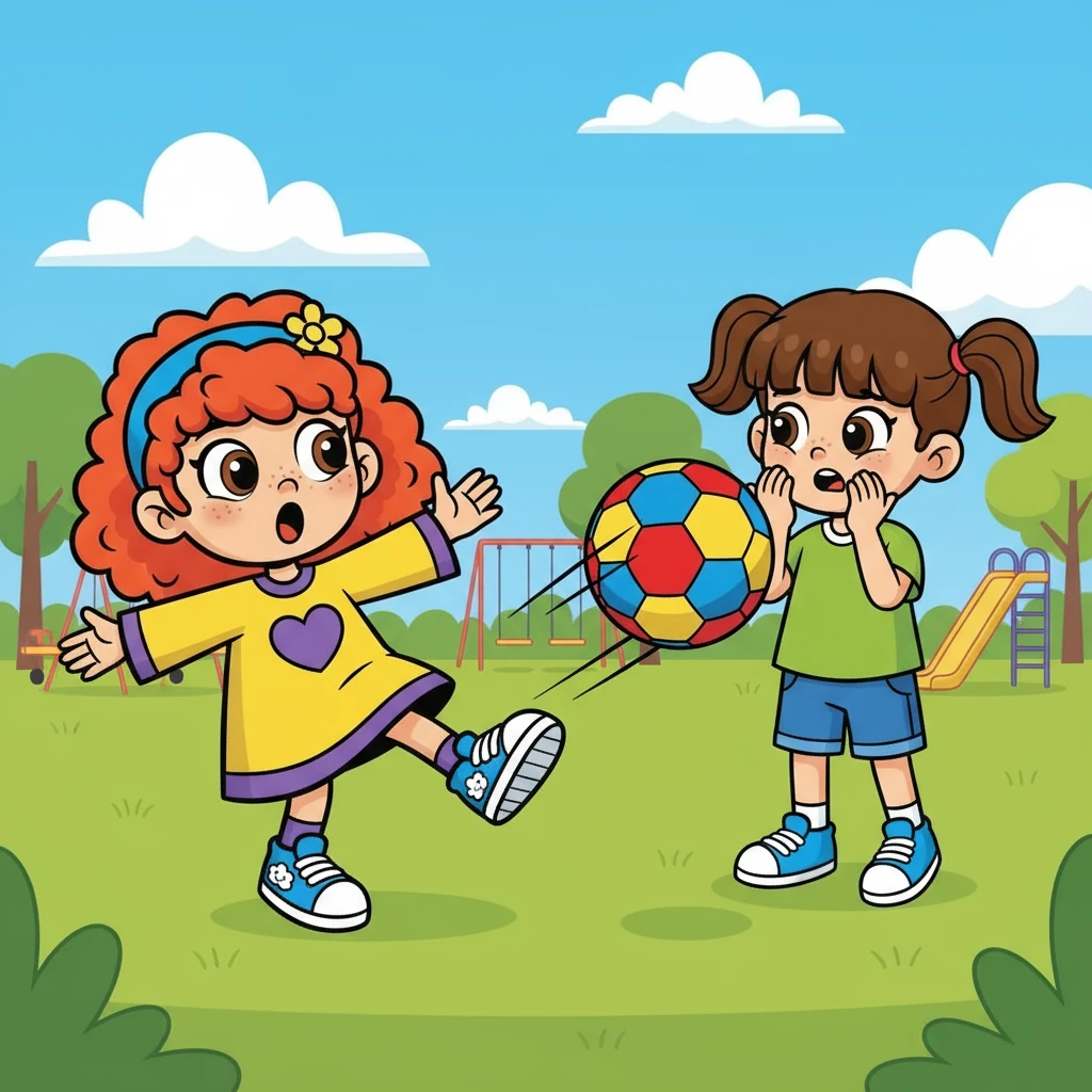 Lia e Sofia eram melhores amigas, e adoravam brincar juntas no parque. Um dia, enquanto jogavam bola, Lia, sem querer, chutou a bola com muita força e acertou Sofia, machucando-a.