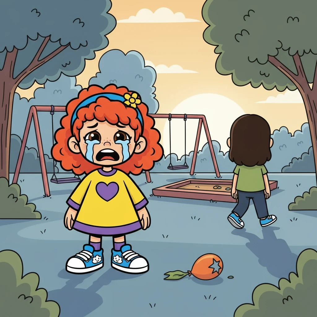 Sofia ficou chateada e começou a chorar. Lia, envergonhada, virou as costas e foi para casa, sem dizer nada. A tristeza tomou conta do parque, e a brincadeira alegre desapareceu.