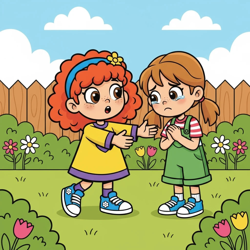 Ao chegar, Lia encontrou Sofia brincando no quintal. Com a voz trêmula, Lia pediu desculpas pelo que aconteceu. Sofia, surpresa, aceitou as desculpas e abraçou Lia.