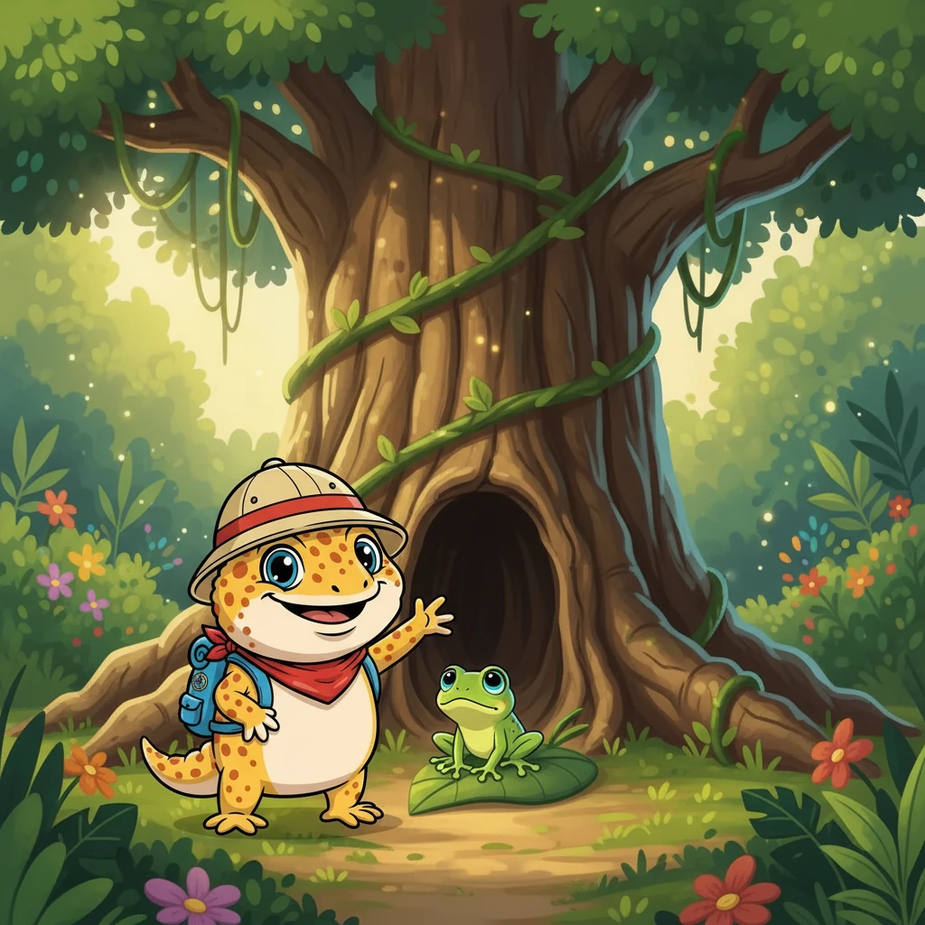 One sunny morning, Gecko met a tiny frog named Ribbit. Ribbit was afraid of heights, but Gecko, with his adventurous spirit, wanted to explore the tallest tree. Gecko, being a great friend, decided to help Ribbit overcome his fear.