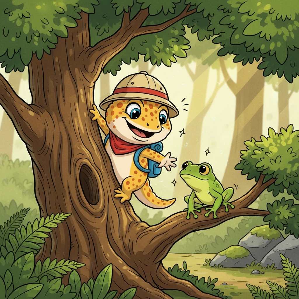 Together, Gecko and Ribbit devised a plan. Gecko carefully climbed the tree, and Ribbit followed, step by step, with Gecko's encouragement. They cheered each other on, their bond of friendship growing stronger with every branch they passed.