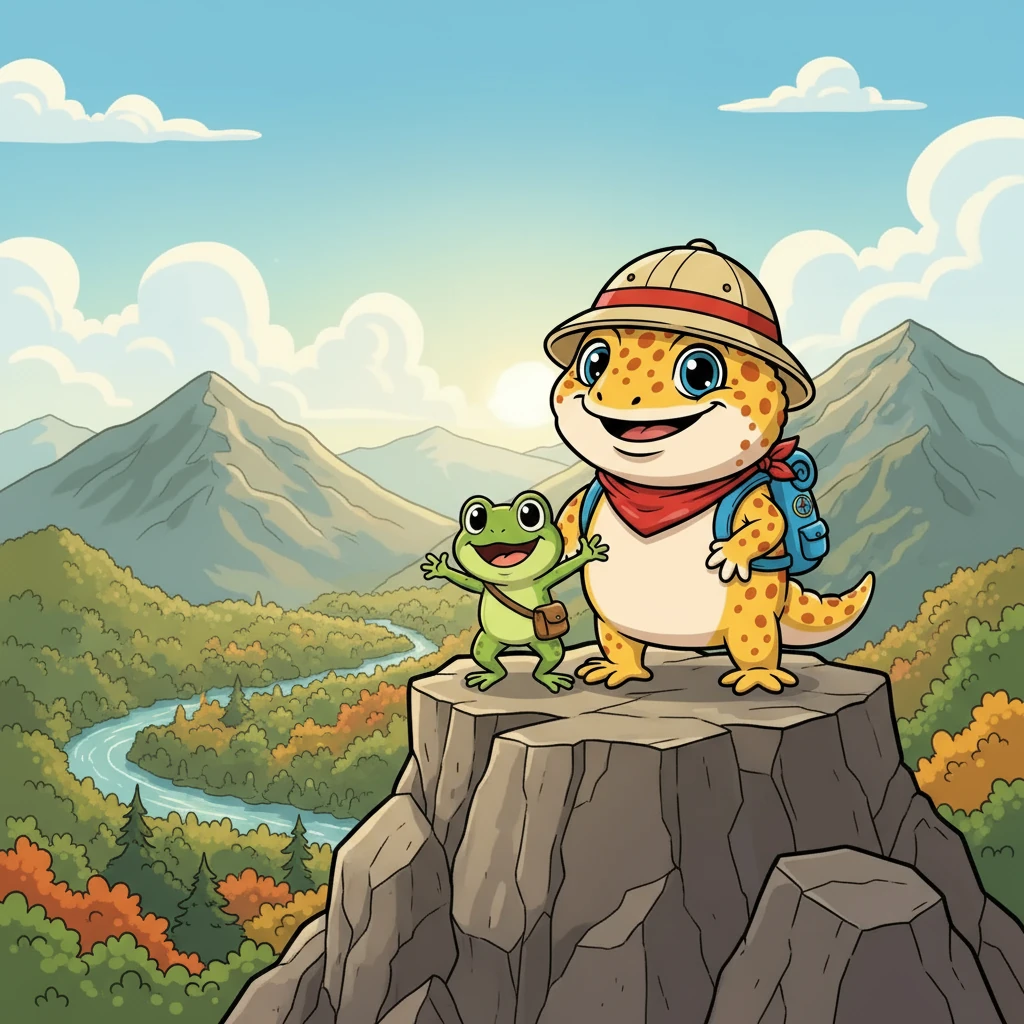 Reaching the top, they were greeted with a breathtaking view. The forest stretched out before them, a tapestry of green and gold. Ribbit, forgetting his fear, exclaimed with delight, while Gecko beamed with pride.