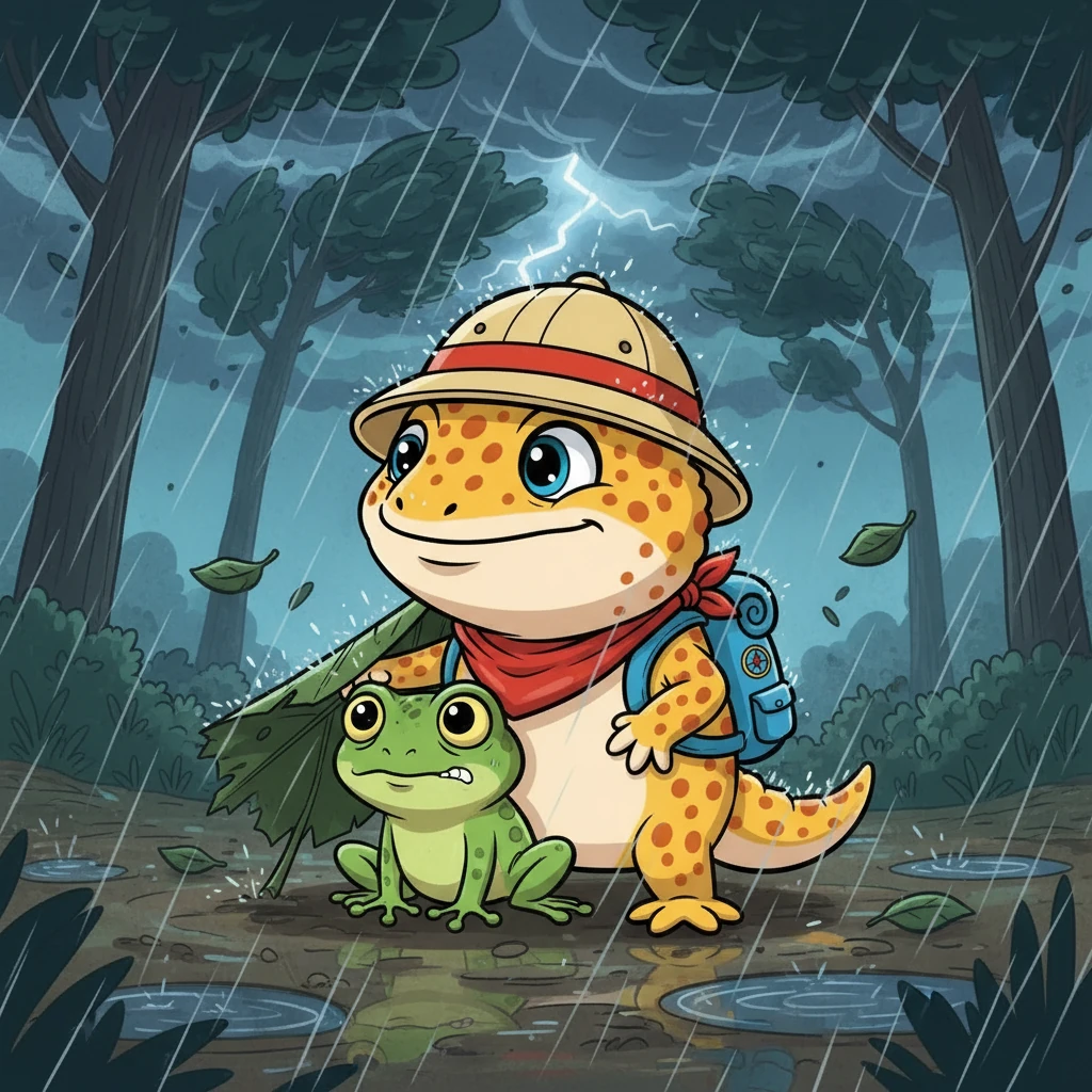Suddenly, a storm rolled in, and the wind howled. Gecko and Ribbit, caught in the downpour, huddled together for warmth. Gecko comforted Ribbit, reminding him of their shared courage and the importance of sticking together.