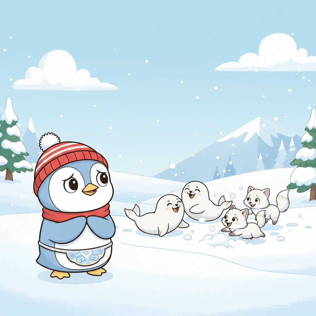 波波看到远处有一群小海豹和小雪狐正在开心地玩耍。他们追逐嬉戏,笑声在寒冷的空气中回荡。波波很想加入他们,但又有点害羞,不知道该怎么开口。