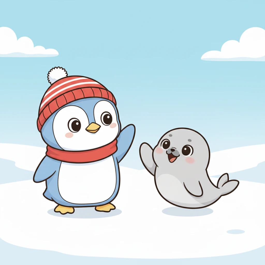 一只活泼的小海豹发现了独自站着的波波,友好地向他挥了挥圆乎乎的鳍。波波犹豫了一下,也轻轻地挥动着自己的小翅膀,回应了这份善意,心里暖暖的。