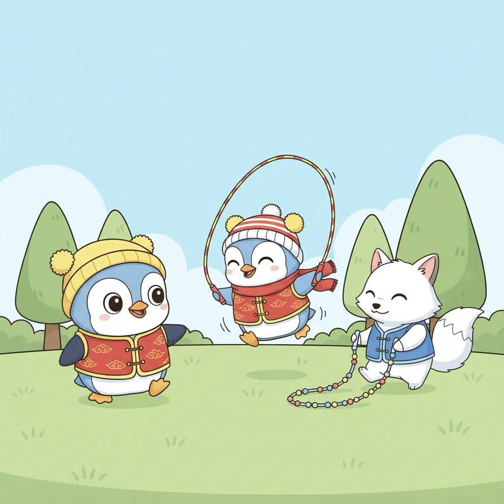 波波鼓起勇气,摇摇摆摆地走了过去。他看到小动物们正在玩一种有趣的运动——跳绳。一根长长的绳子在空中划出优美的弧线,大家轮流跳跃,充满了活力。