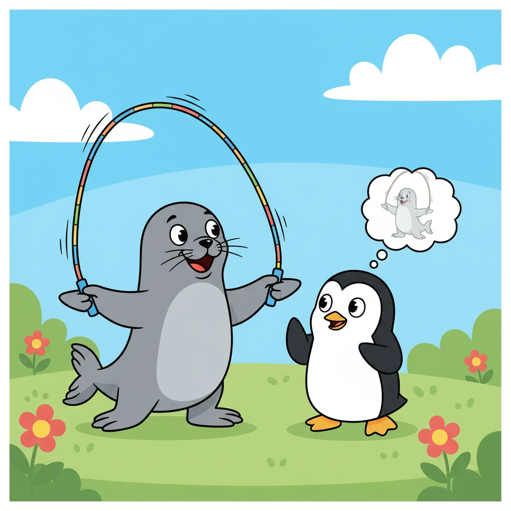 小海豹热情地邀请波波也来试试跳绳运动。波波看着那根上下翻飞的绳子,既紧张又兴奋。他想象着自己也能像朋友们一样轻松跳跃。