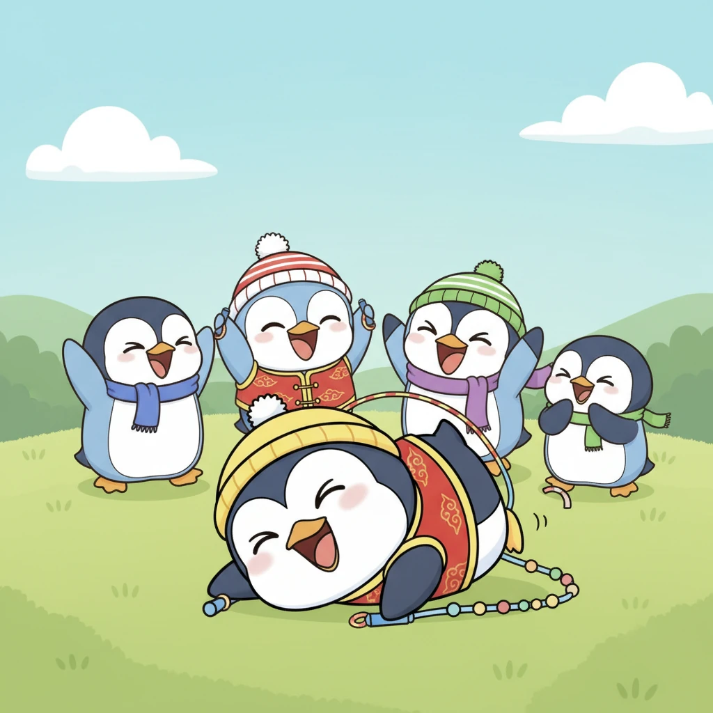 波波第一次尝试跳绳,笨拙地被绳子绊了个大跟头,圆滚滚的身体滚了几圈。朋友们看到他滑稽的样子,都善意地哈哈大笑起来,波波也忍不住笑了。