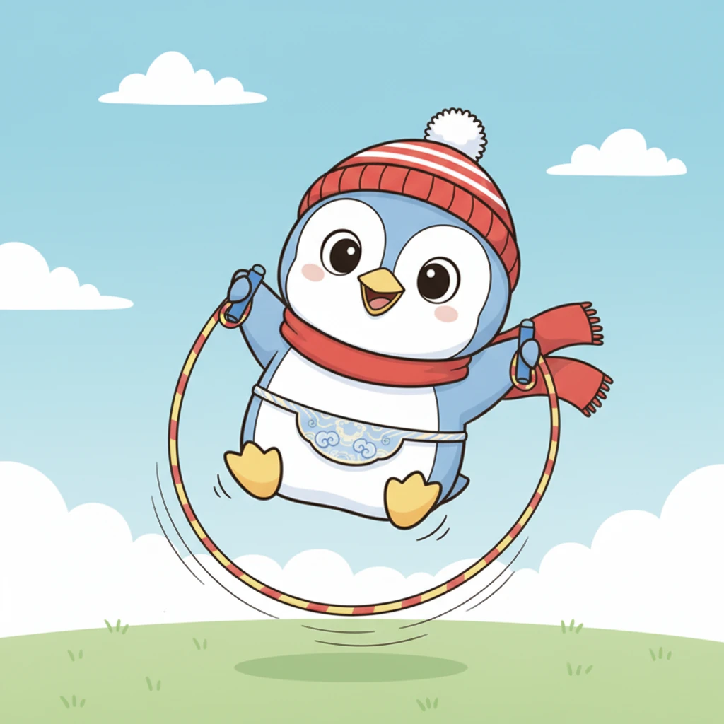 经过几次努力,波波终于掌握了诀窍,成功地跳过了绳子!他兴奋得手舞足蹈,小小的身体在空中划出完美的弧线,脸上洋溢着骄傲的笑容。