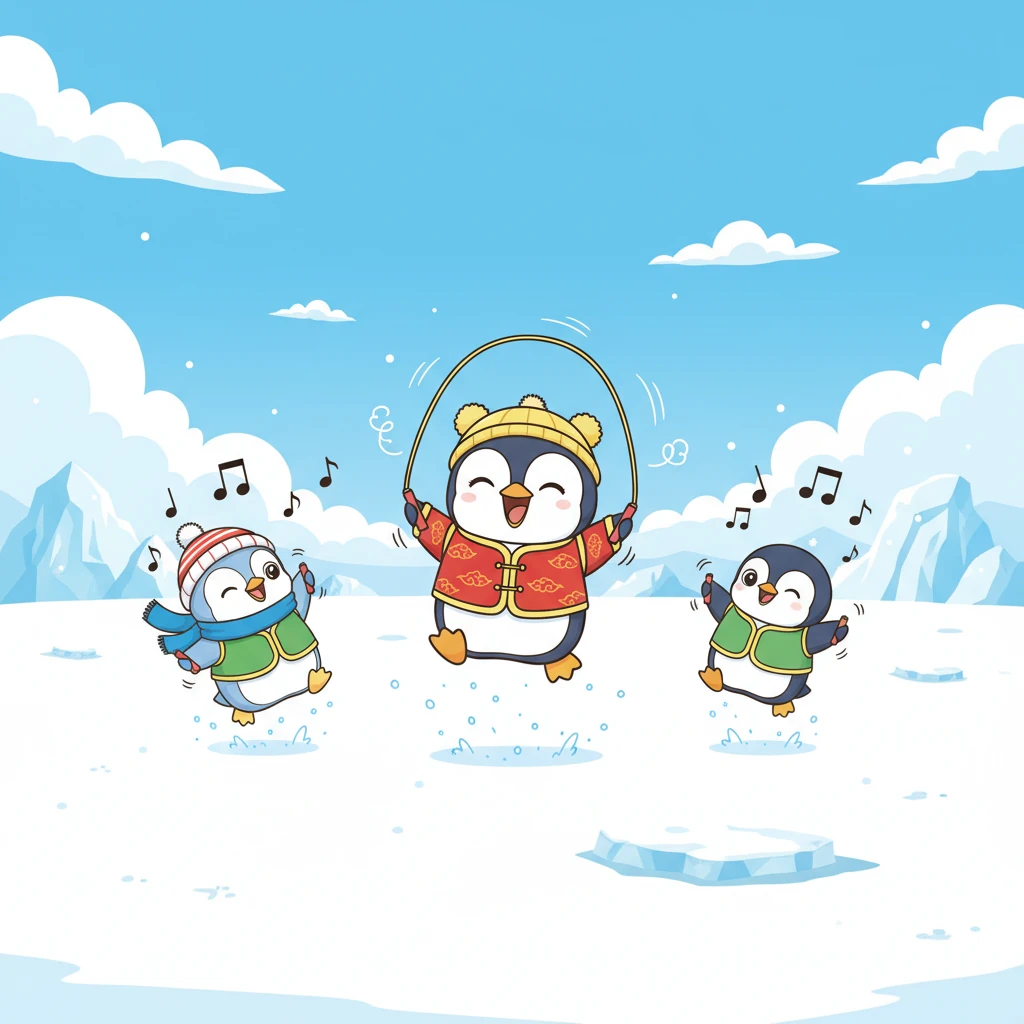 现在,波波已经成了跳绳小能手。他和朋友们一起开心地跳着,雪地里充满了他们欢快的歌声和跳跃的身影,整个冰原都变得热闹起来。