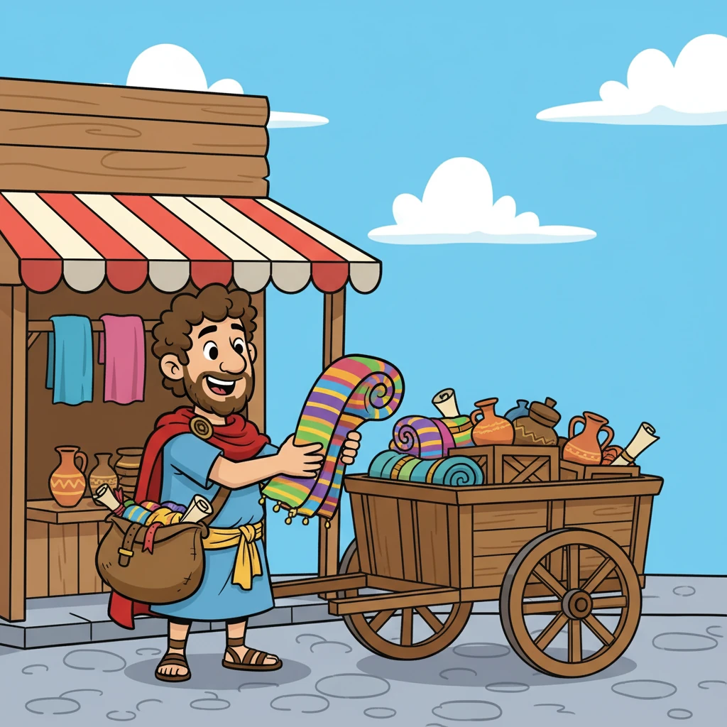 Marcus Varo, a Roman merchant with a twinkle in his eye, stood before his bustling shop. He was preparing for a long journey, his heart filled with excitement.  He packed his cart with fine Roman goods, ready to trade for treasures from the East.