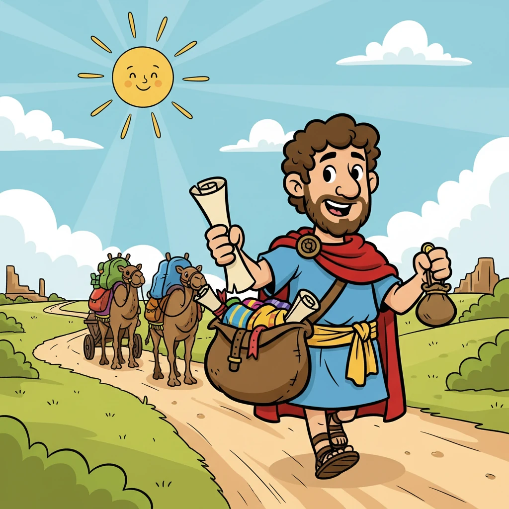 The journey began! Marcus and his caravan set off from Rome, the sun shining brightly above. They traveled along a dusty road, leaving the familiar behind, heading towards the unknown lands of the Silk Road.