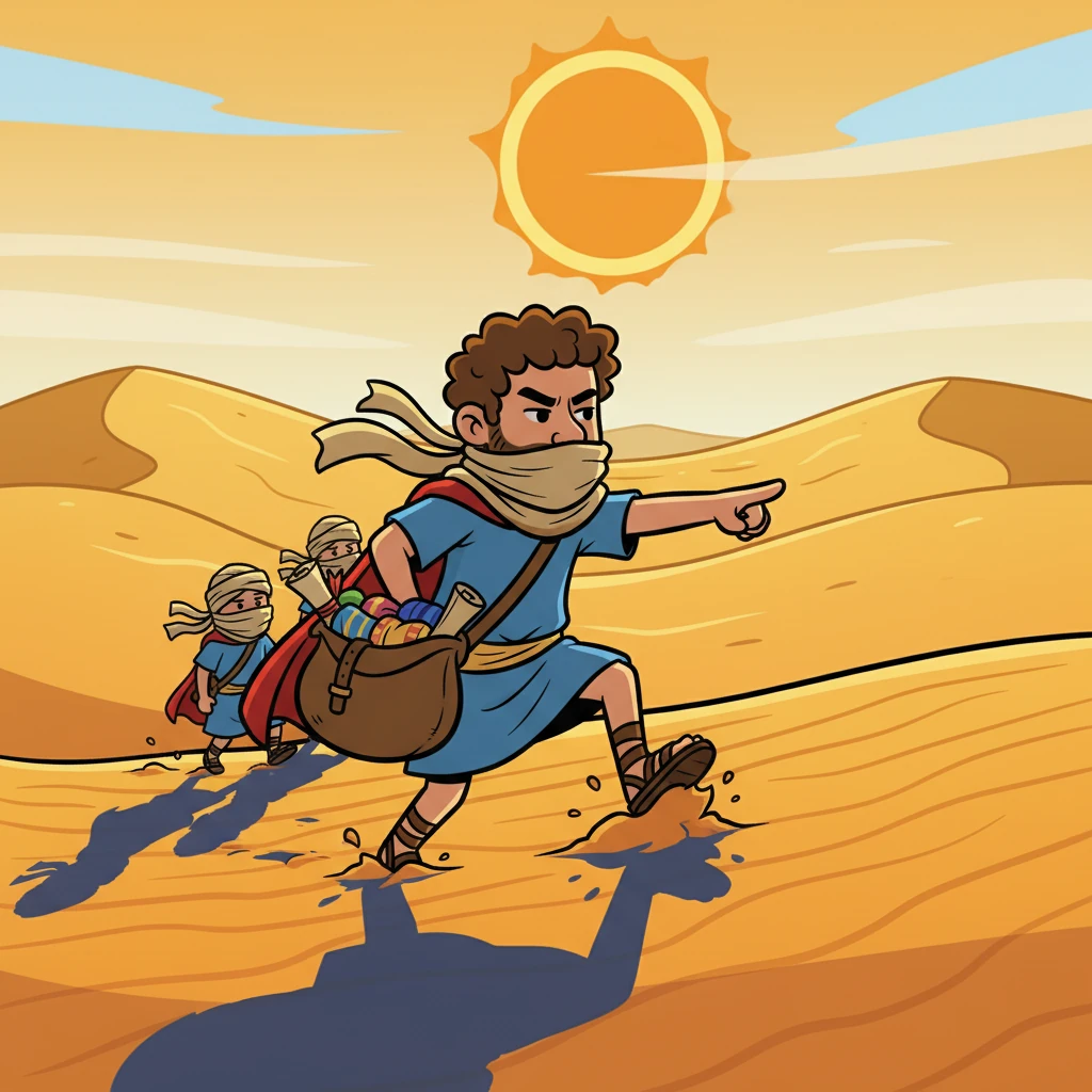 Across the vast, scorching desert, the sun beat down relentlessly. Marcus and his companions struggled through the sand, their faces shielded by scarves. They shared stories to keep their spirits up, dreaming of cool oases.