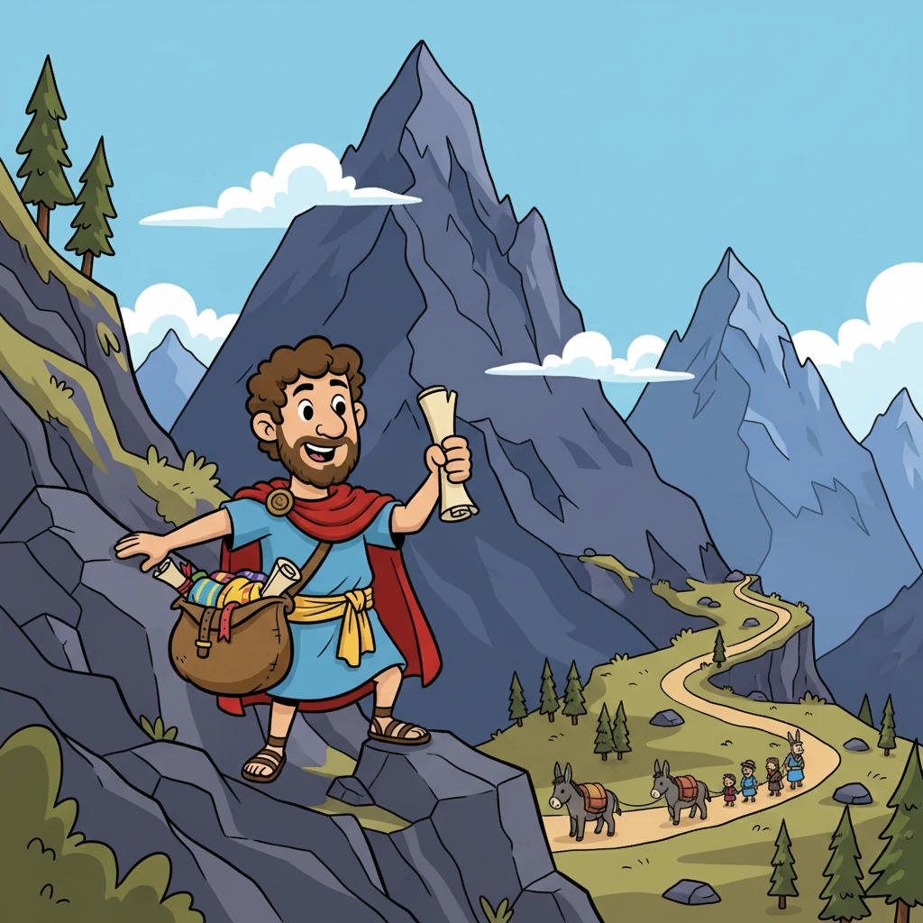 Towering mountains loomed ahead, their peaks piercing the sky.  Marcus and his caravan slowly climbed, the air growing thin and crisp.  They marveled at the breathtaking views, feeling small against the grand scale of nature.